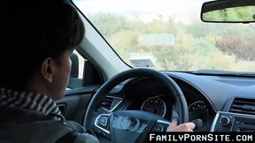 Daddy exposed skewers his stepson from the rear while in the vehicle