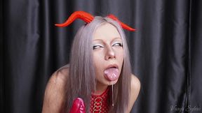 succubus sucks liters of sperm from a dragon dildo - deep throat!