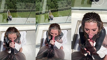 POV Balcony Split Tounge Deepthroat Head With Facial 😈💦