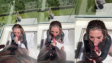 POV Balcony Split Tounge Deepthroat Head With Facial 😈💦