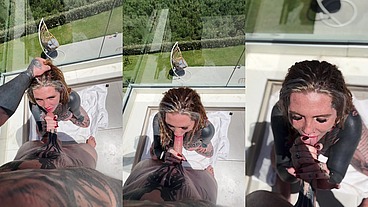 POV Balcony Split Tounge Deepthroat Head With Facial 😈💦