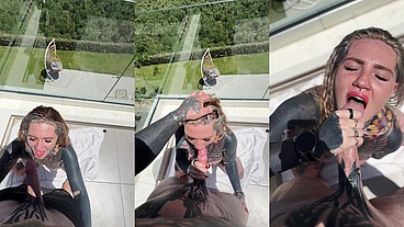 POV Balcony Split Tounge Deepthroat Head With Facial 😈💦