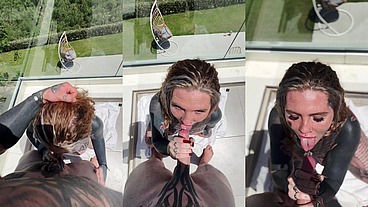 POV Balcony Split Tounge Deepthroat Head With Facial 😈💦