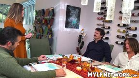 Three cocks fill every hole of Aderes Quin for Thanksgiving gangbang