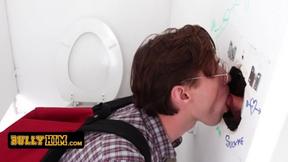 Bully Him - Innocent Geeky Boy Wraps His Puffy Lips Around Heavy Cock Coming Out Of A Glory Hole