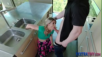 Tiny blonde teen sucks and rides long shlong