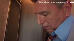 Busty blonde woman is sucking dick and getting fucked in the elevator