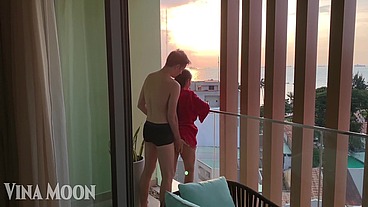 romantic sex at sunset at the resort