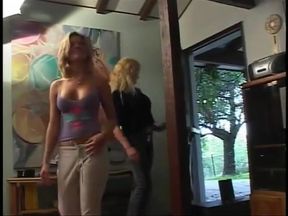 Two blond bitches eat pussy and suck cock and get double team fucked and creamed