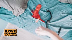 Busty tattooed brunette MILF Kiss Cat sucks dick POV