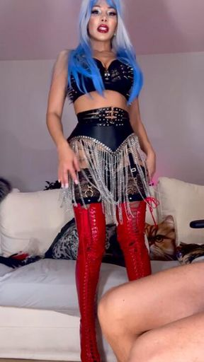 Edging and Biting - his first session - LATEX LEATHER GLOVES and FUR