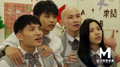Asian college students mix school uniforms and lingerie at a Christmas party