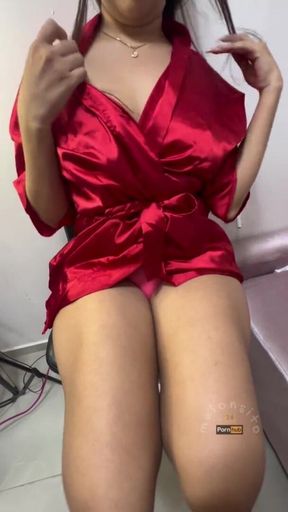 Her Big Boobs and a Perfect Wet Pussy Under the Red Robe