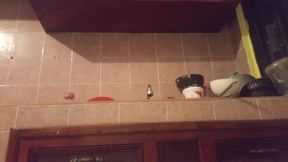 Chubby mom in the kitchen showing thong 2