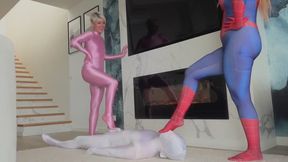 Pink Panther Ruslana And Spider Girl Weronika Rule Over White Shadow At Their Feet Near Fire Place - Full