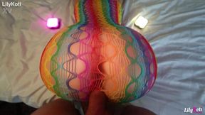 Loud blonde GF with massive tits in fishnet gets slammed doggystyle