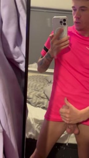 Playing with my big dick and cumming all over my mirror