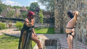Angry Black Dominatrix whipping WHITE slave