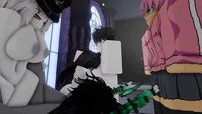 Boxy chicks fucked by two horny dudes in pervy Roblox porn