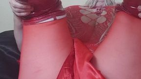 CupKCindy on the red bed with red fishnet and red pantyhose hiding her freshly shaped pussy and then showing off all tits and pussy and masturbating let's have fun
