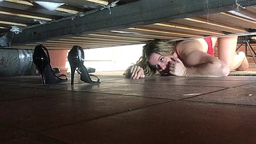 Stepmom stuck under the bed gets creampie from stepson