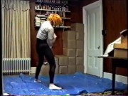 black tights & mask with crop top humping air pillow 1990's VHS quality
