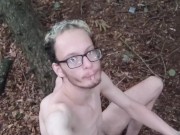 Very skinny british femboy running naked  purely naked inside a Forest with a selfie stick