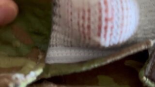 Young army solider jerks off hard and loads while strapped in jock strap