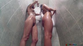 Getting Dirty Getting Clean: brunette lesbians in shower