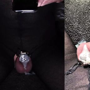 Ruined orgasm in micro chastity cage with vibrator