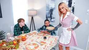 Two starving guys can't wait for dinner so they fuck the hell out of her instead