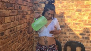 Indian slut giving a waterplay, wet white shirt show, nipple play, boobs close up