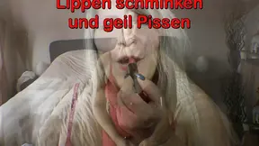 Slutty girl with dirty lip makeup gets pissed on