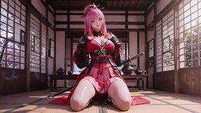 Pink-haired warrior kneeling on tatami, high-slit kimono slipping to reveal snowy thighs.