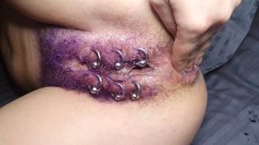 Purple Colored Hairy Pierced Pussy Get Anal Fisting Squirt