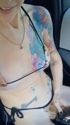 Redhead wearing Bikini Car Masterbation on parking lot