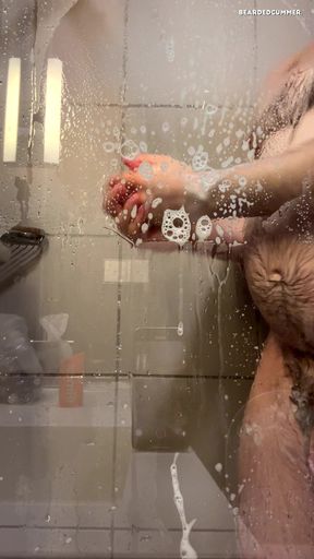 Hairy Bear Taking a Shower and Shows off Big Belly