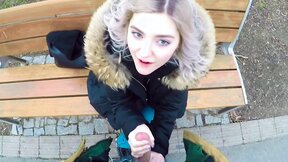 Cutie Eva Elfie gives a blowjob in the park