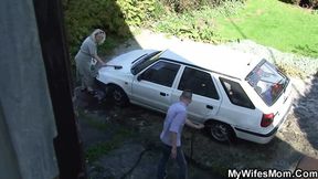 Blond mother in law gets fucked in the backyard