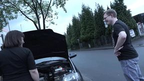 Babe gets mouthful of cumshot after sucking and fucking two cocks