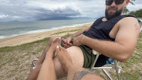 Hand job, wank, masturbation & jerk off on feet in public on the beach 720p