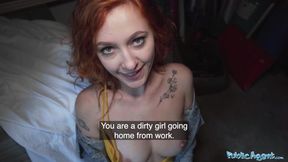 Sexy redhead waitress gets hammered outdoors in a filthy doggy style rendezvous.