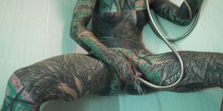 Heavily Tattooed Model Intense Anal Masturbation in the Shower