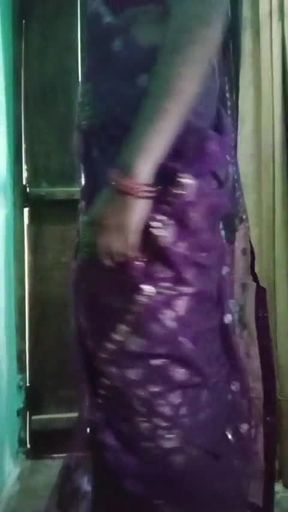 Indian Gay Crossdresser Bottom Gaurisissy showing her big boobs in purple saree
