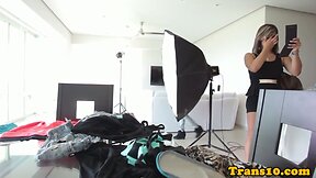 Tgirl with nipple tattoos tugging her cock