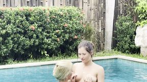 Two babes blowjobs by the pool &mdash;  cumshot on face during vacation