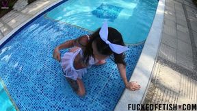 Petite Latina Yessica Bunny gets wet in a pool with her two men