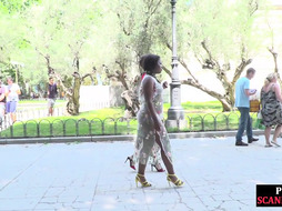 Public throating Ebony sub mouth jizzed in front of voyeurs