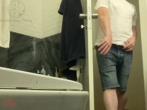 Amateur Straight Boy in Jeans Shorts with Big Hanging Balls Caught Pissing Hands Free