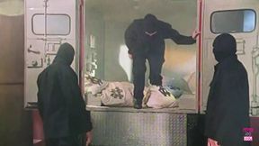 Two crooks anally ravage a rebellious redheaded beauty after knocking off a bank
